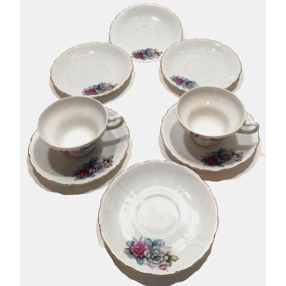 2 Teacups 6 Saucers Made in Japan Vtg. Floral Gold Trim Pinks Blue Green Gray